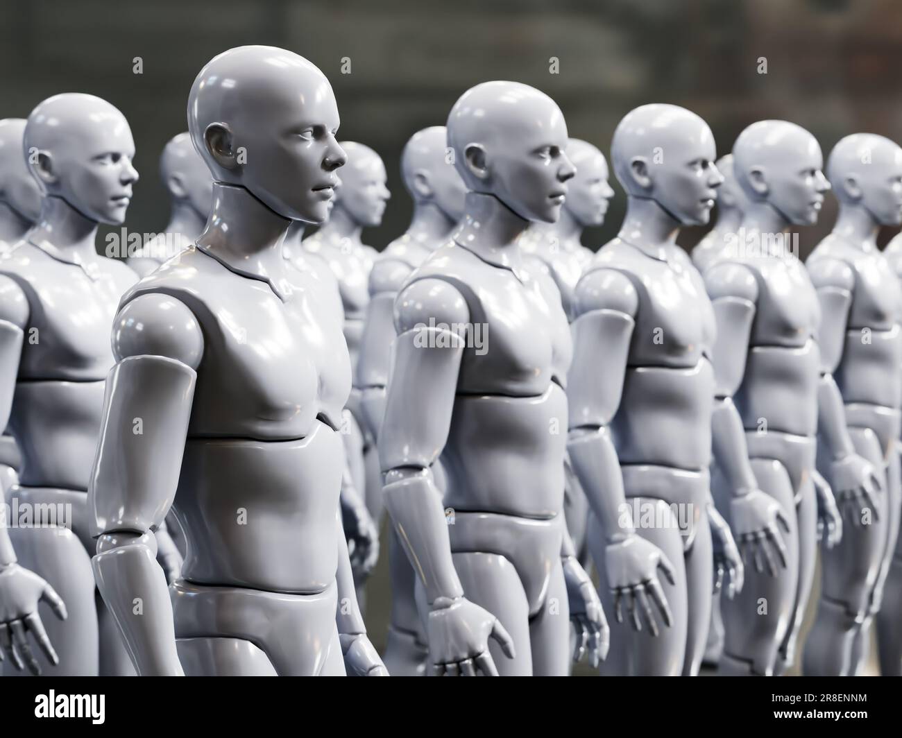 3D rendering of white android robots standing in a row Stock Photo