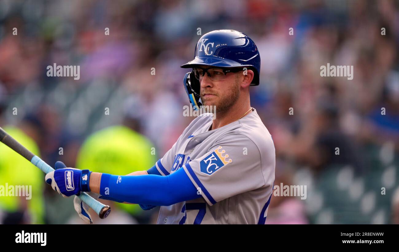 Kansas City Royals' Matt Beaty runs to first base after hitting a single  against the Los Angeles Angels during the eighth inning of a baseball game,  Sunday, June 18, 2023, in Kansas