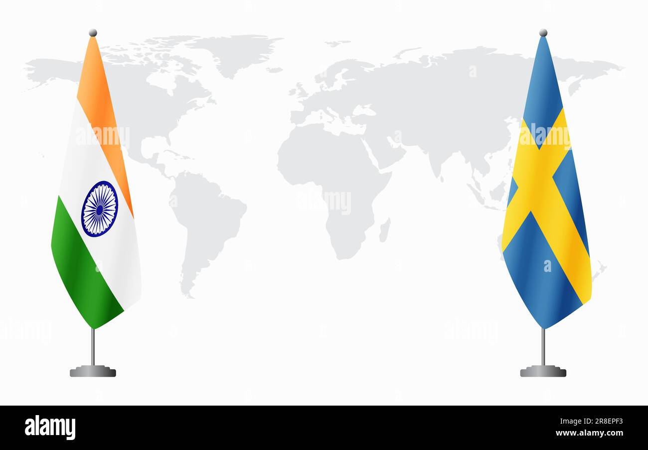 India and Sweden flags for official meeting against background of world