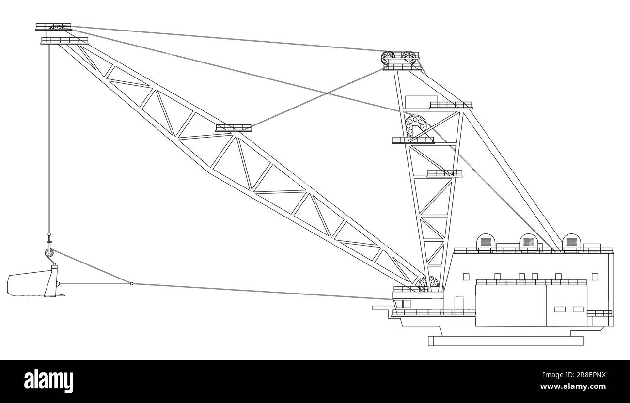 A dragline excavator, heavy equipment. Equipment for high-mining industry. Mining clay in quarry. Stock Vector