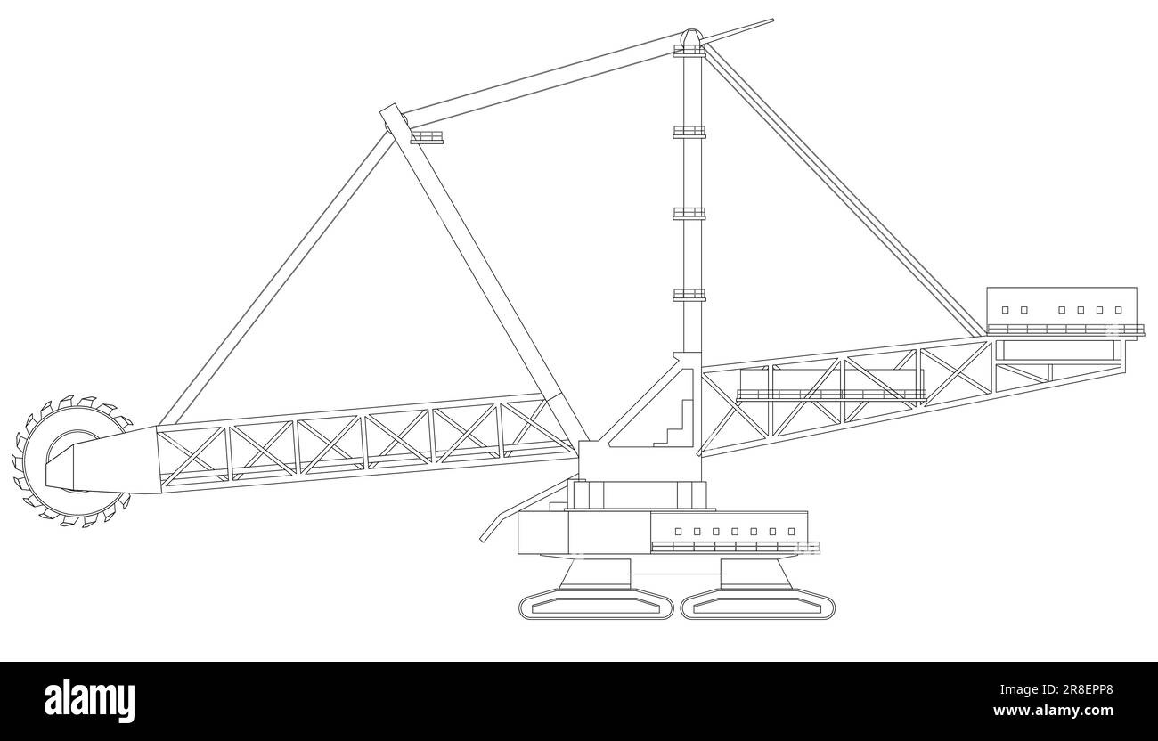 Bucket Wheel Excavator, Dragline Excavator. Equipment for high-mining industry. Mining clay in quarry. Stock Vector