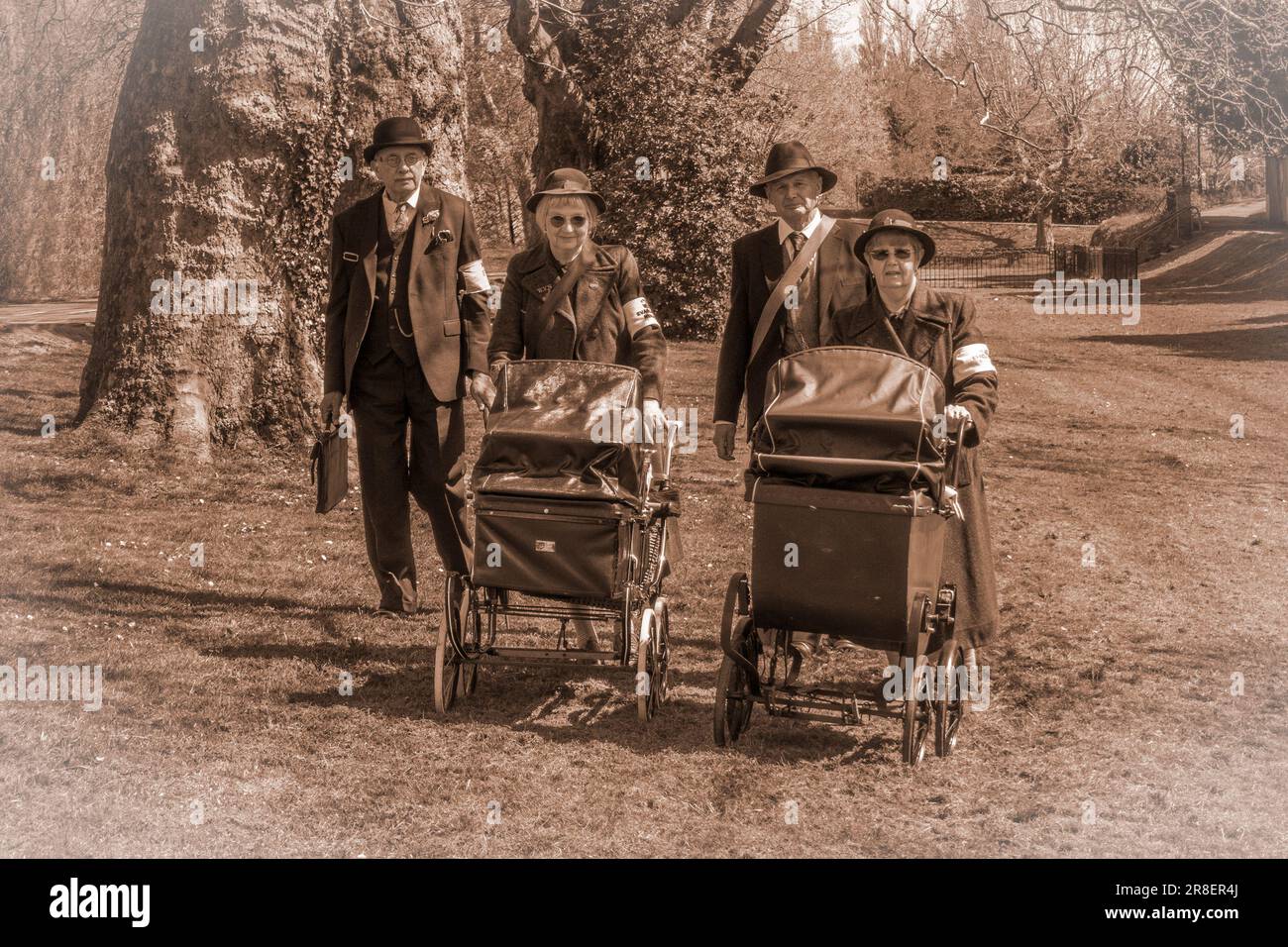 1940s,reenactors,Women's Voluntary Service,WVS, vintage,pram, Stock Photo