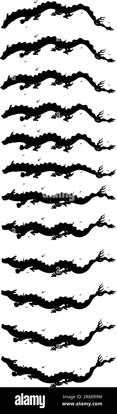 Black silhouette set of dragon (serpent) flying in the sky, New Year postcard material for Year of the Dragon 2024, Vector Illustration Stock Vector