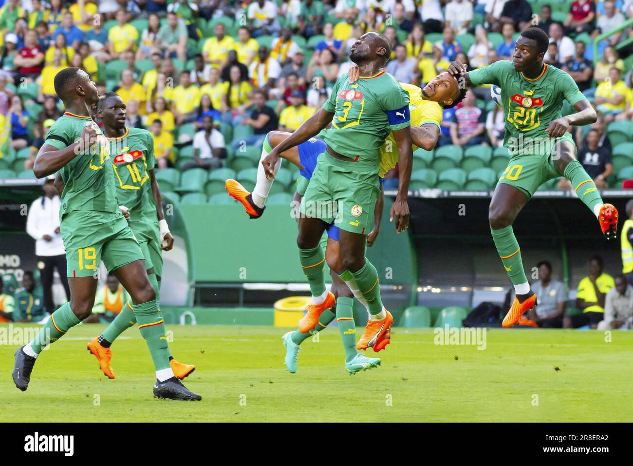 Lisbon, Portugal  June 20, 2023, Eder Militao of Brazil in duel with Kalidou Koulibaly, Pape Gueye of Senegal during the International Friendly Football match between Brazil and Senegal on June 20, 2023 at Jose Alvalade stadium in Lisbon, Portugal Stock Photo