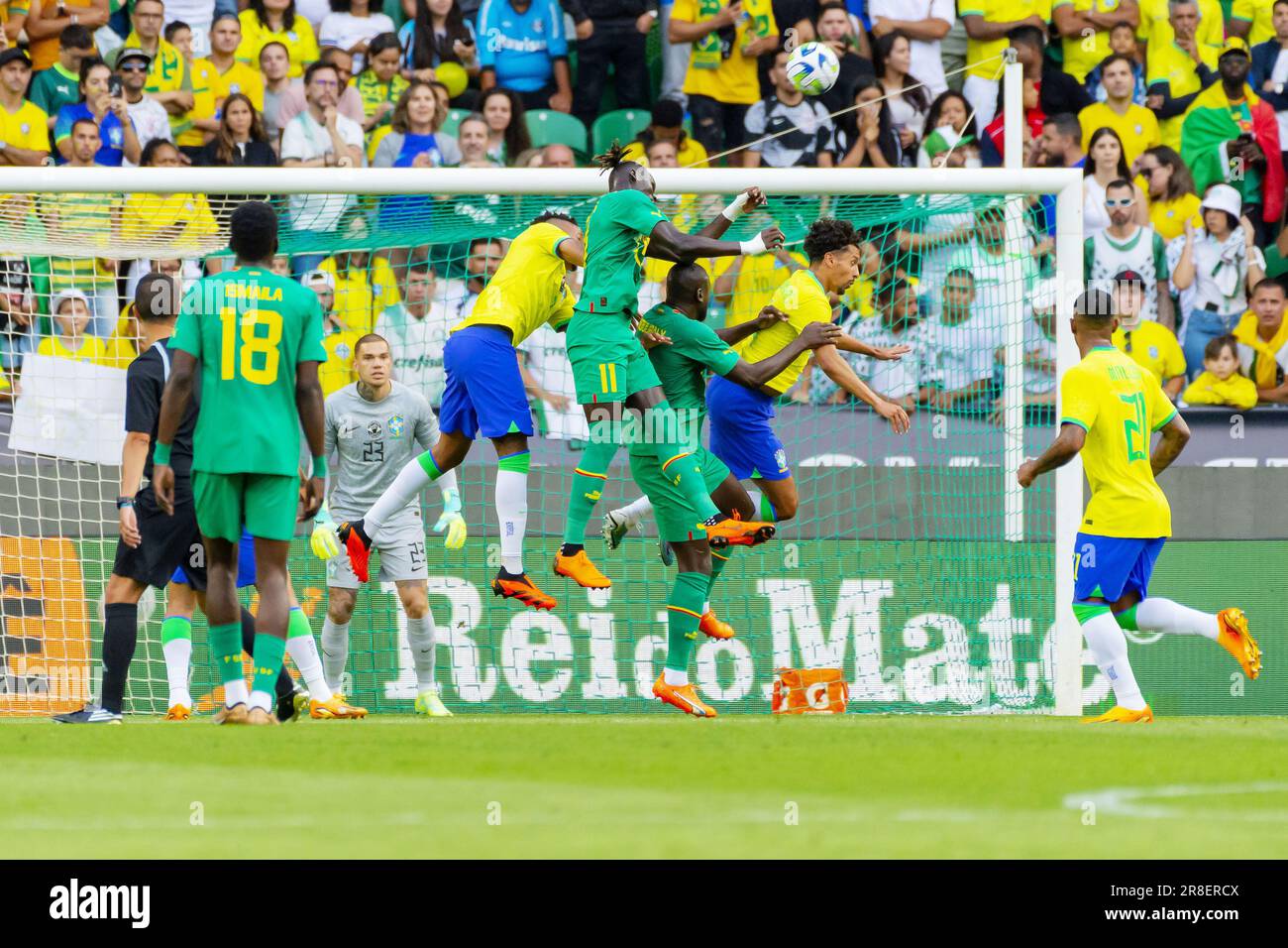 Lisbon, Portugal  June 20, 2023, Kalidou Koulibaly, Pathe Ciss of Senegal in duel with Eder Militao, Marquinhos of Brazil during the International Friendly Football match between Brazil and Senegal on June 20, 2023 at Jose Alvalade stadium in Lisbon, Portugal Stock Photo