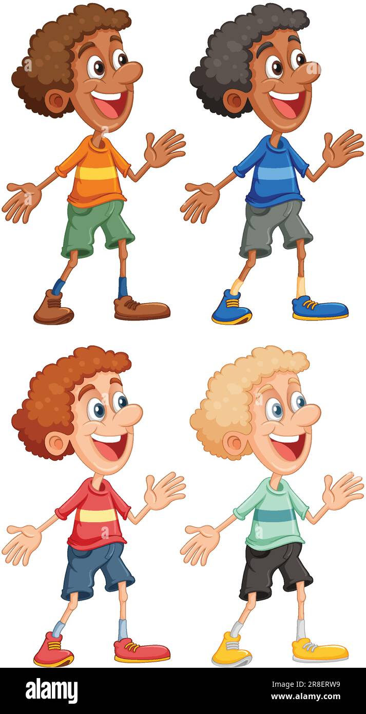 Set of mixed race boy cartoon character illustration Stock Vector