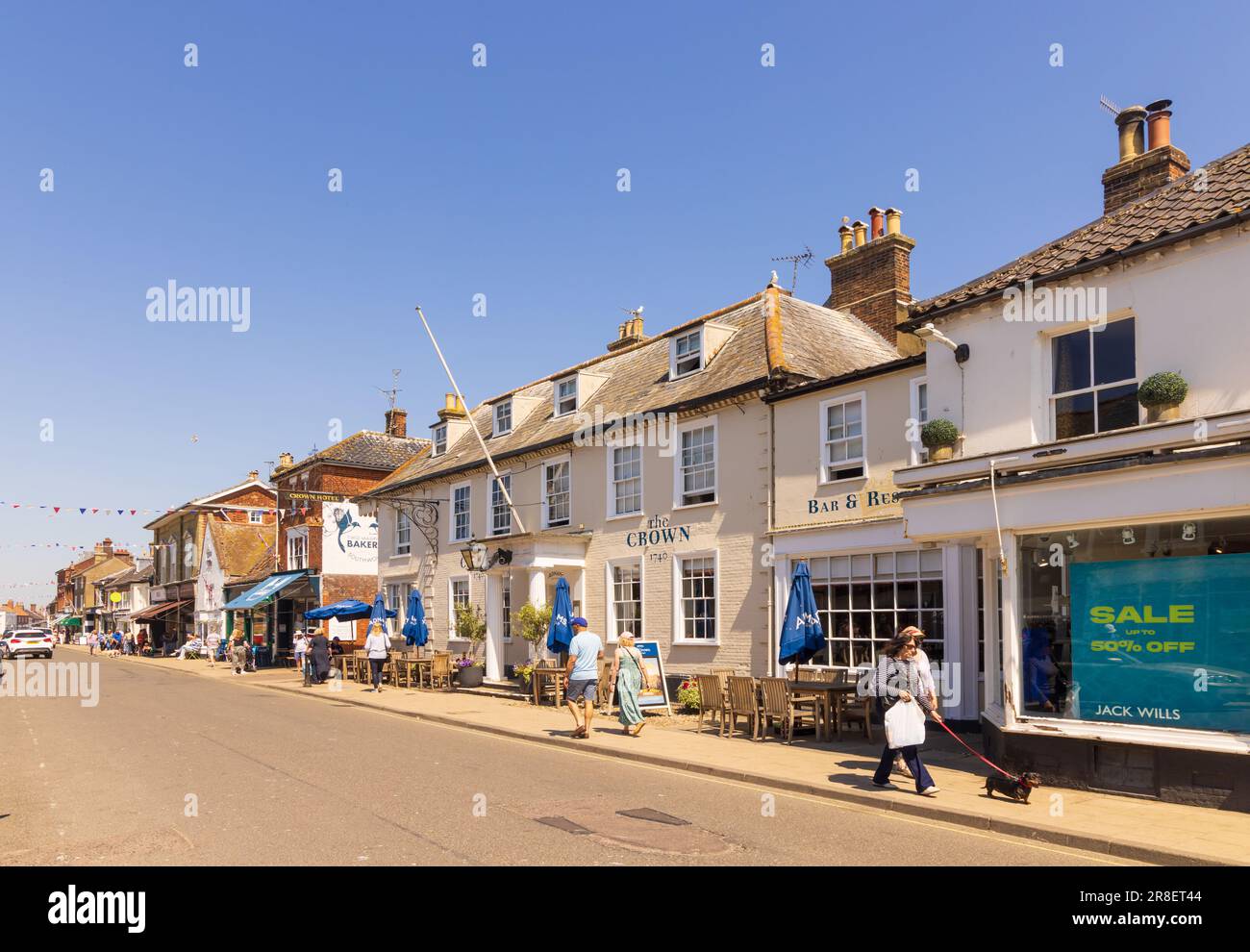 View of the Crown Hotel and shops in Southwold High Street, Suffolk. UK. Stock Photo