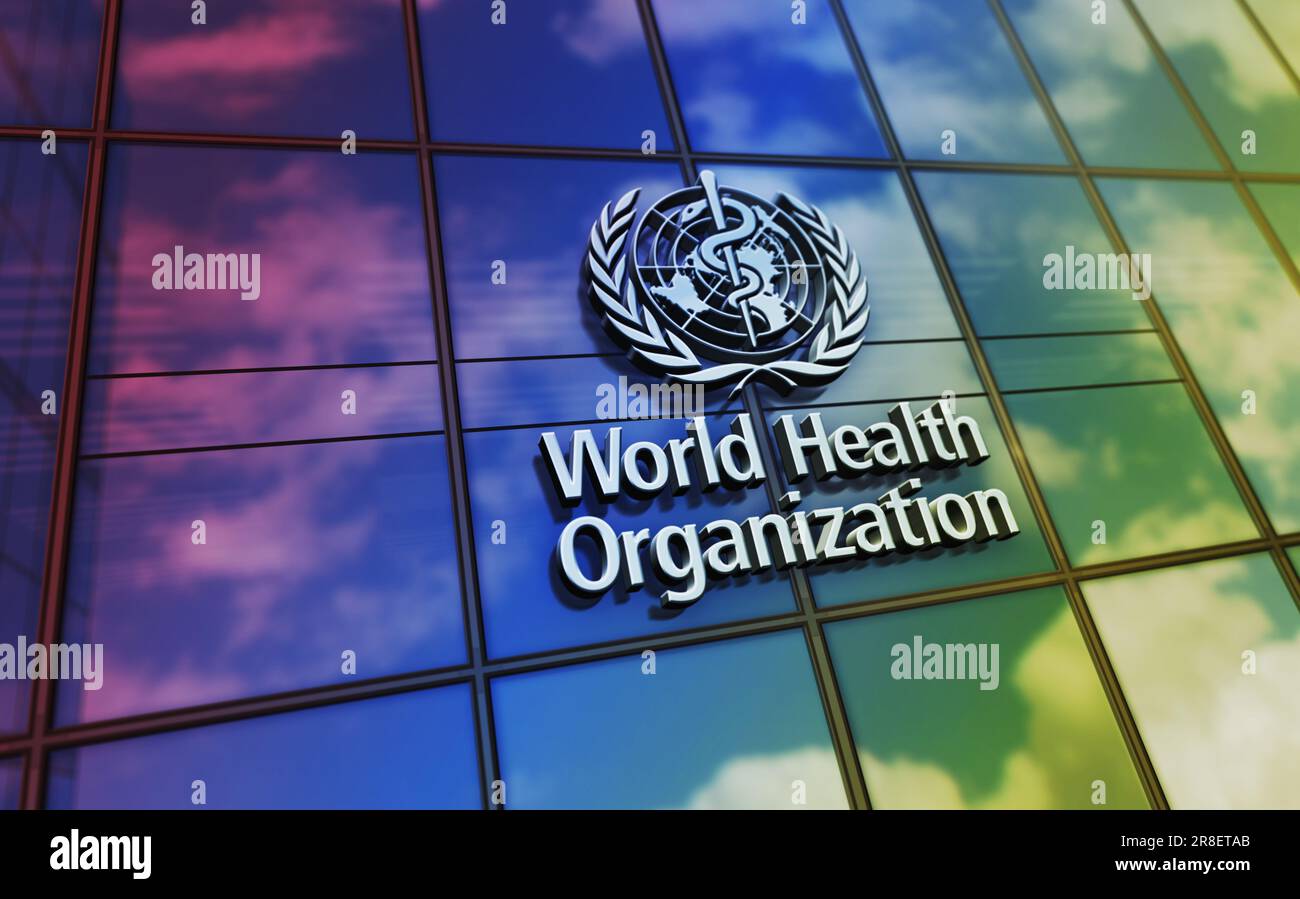 Geneva, Switzerland, June 15, 2023: WHO World Health Organization headquarters glass building concept. Agency of the United Nations office sign on fro Stock Photo