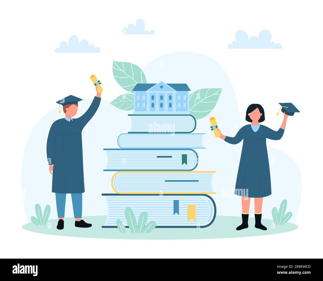Graduation from higher institution or university vector illustration. Cartoon tiny graduates with academic gowns and caps celebrate success of end of study and education near library books pile Stock Vector