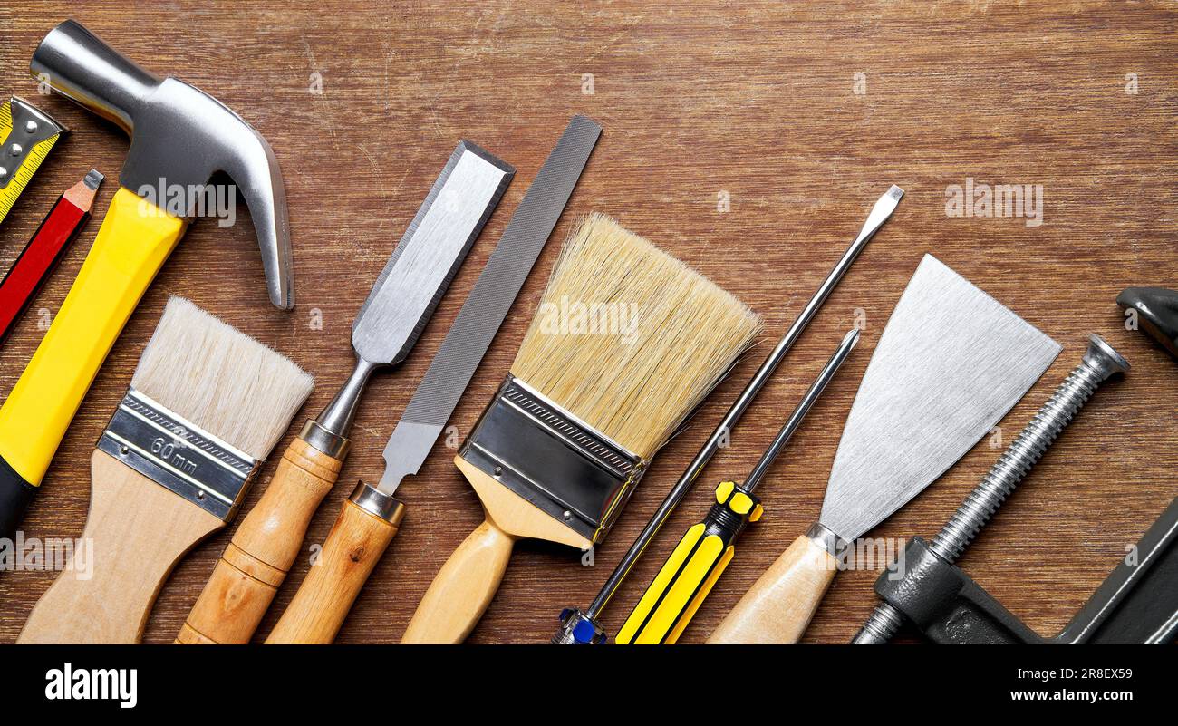 Carpentry tools on wood background Stock Photo