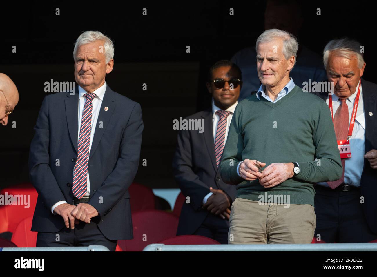 Oslo, Norway. 20th June, 2023. Jonas Gahr Store (R), Prime Minister of Norway, seen on the stands during the UEFA Euro 2024 qualification match between Norway and Cyprus at Ullevaal Stadion in Oslo. (Photo Credit: Gonzales Photo/Alamy Live News Stock Photo