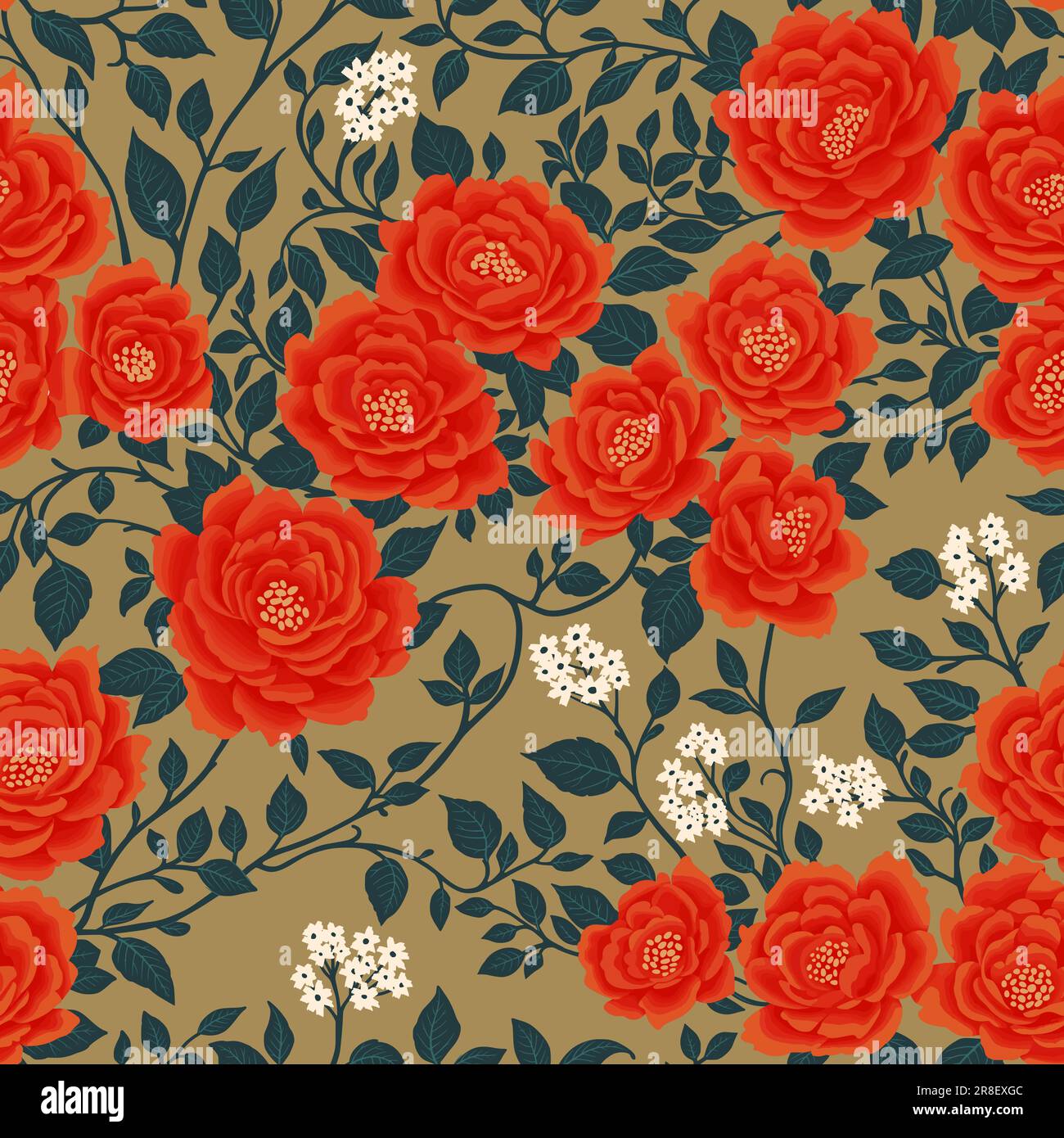 Floral Seamless Pattern of Red Flowers and Dark Green Leaves on Flaxen Backdrop in Chinoiserie Style. Hand Drawn Art, Wallpaper Design for Textile, Paper, Print, Fashion Backgrounds, Beauty Products Stock Vector