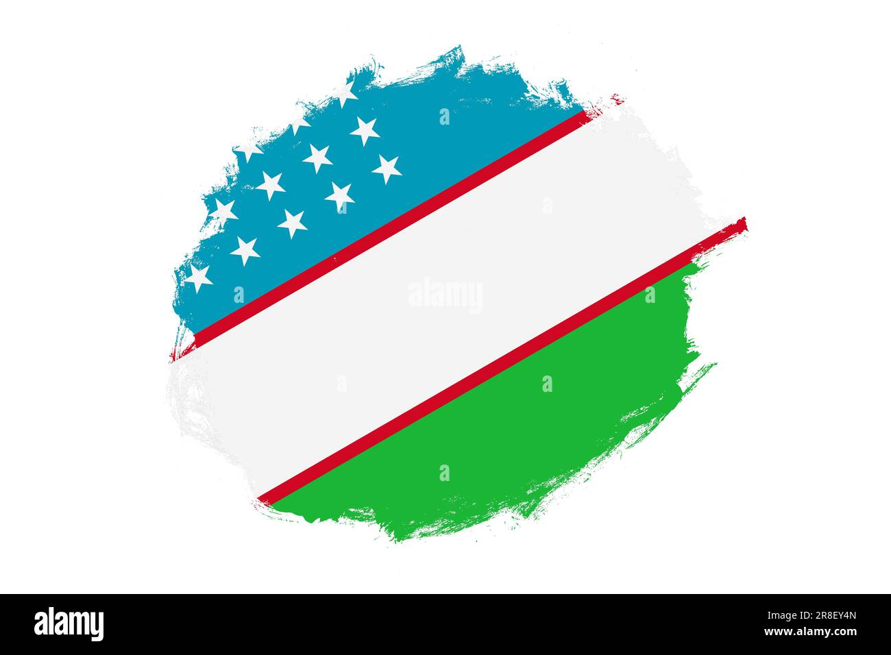 Rounded stain stroke brush textured national flag of Uzbekistan on white background Stock Photo