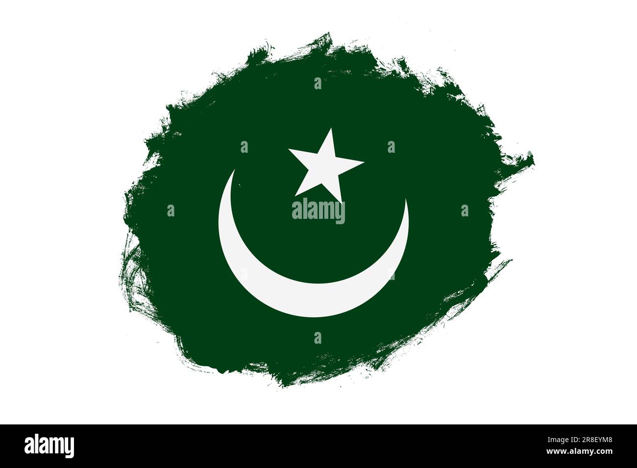 Rounded stain stroke brush textured national flag of Pakistan on white background Stock Photo