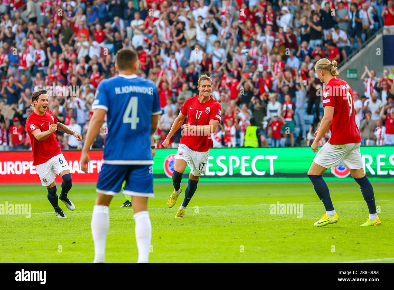 Oslo, Norway, 20th June 2023. Norway's Ola Solbakken celebrates scoring