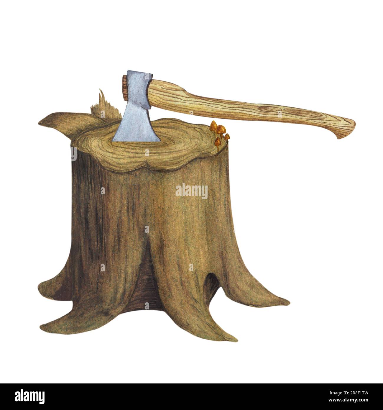 Tree stump, cut wood trunk, axe with wooden handle. Watercolor illustration on a white