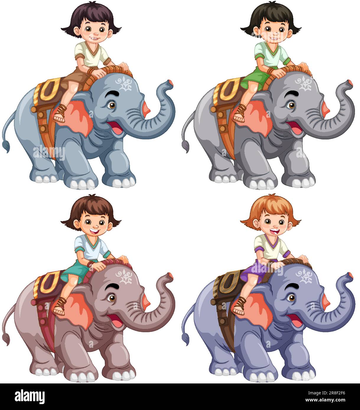 Collection of different kids riding elephants illustration Stock Vector ...