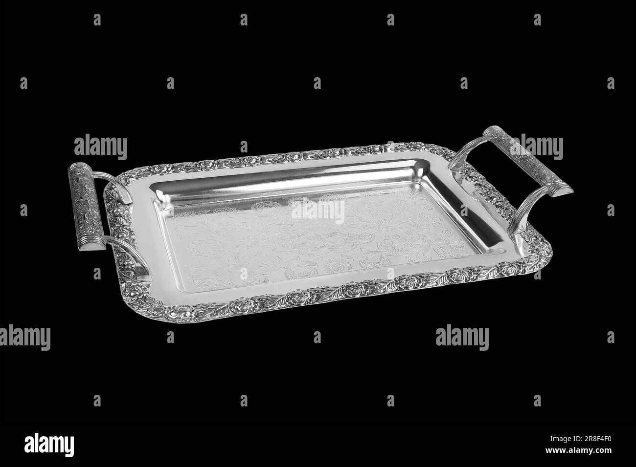 silver tray with handles isolated on black background with clipping