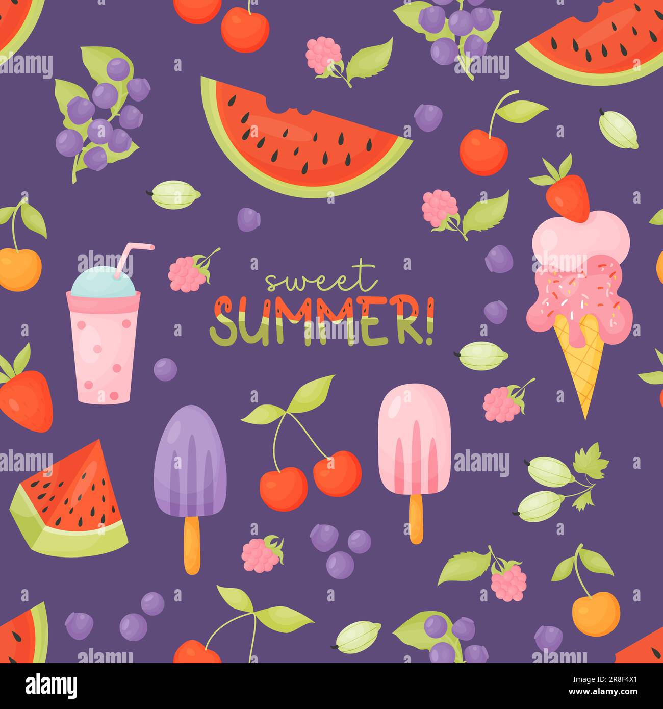 Sweet summer. Seamless pattern with sweet food, berries and fruits, ice