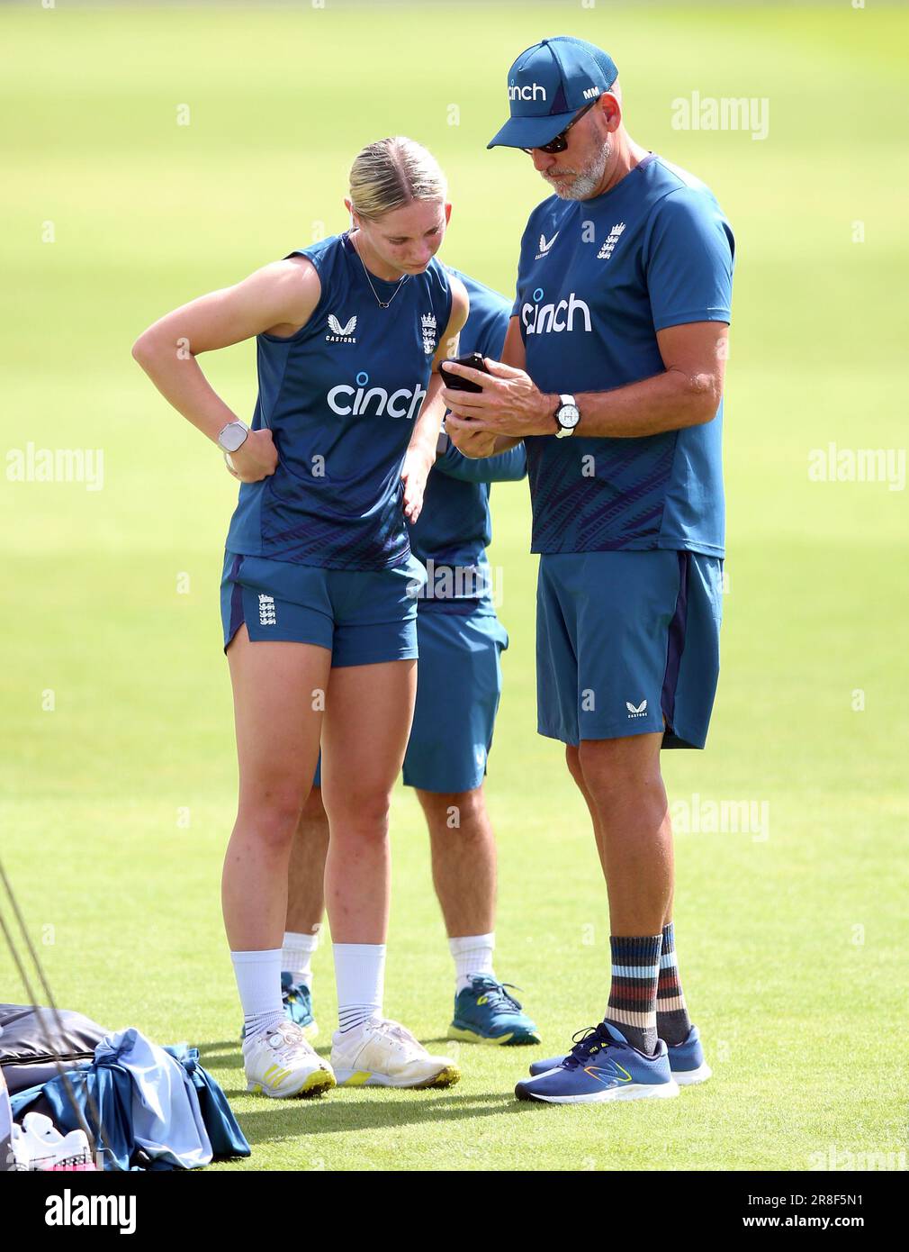 England's Freya Kemp (left) speaks to bowling coach Matt Mason during a nets session at Trent Bridge, Nottingham. Picture date: Wednesday June 21, 2023. Stock Photo
