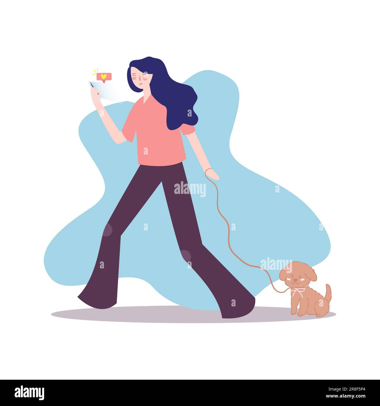 young girl walking outdoor with pet dog on leash cute animal enjoying playful leisure smile expression Stock Vector