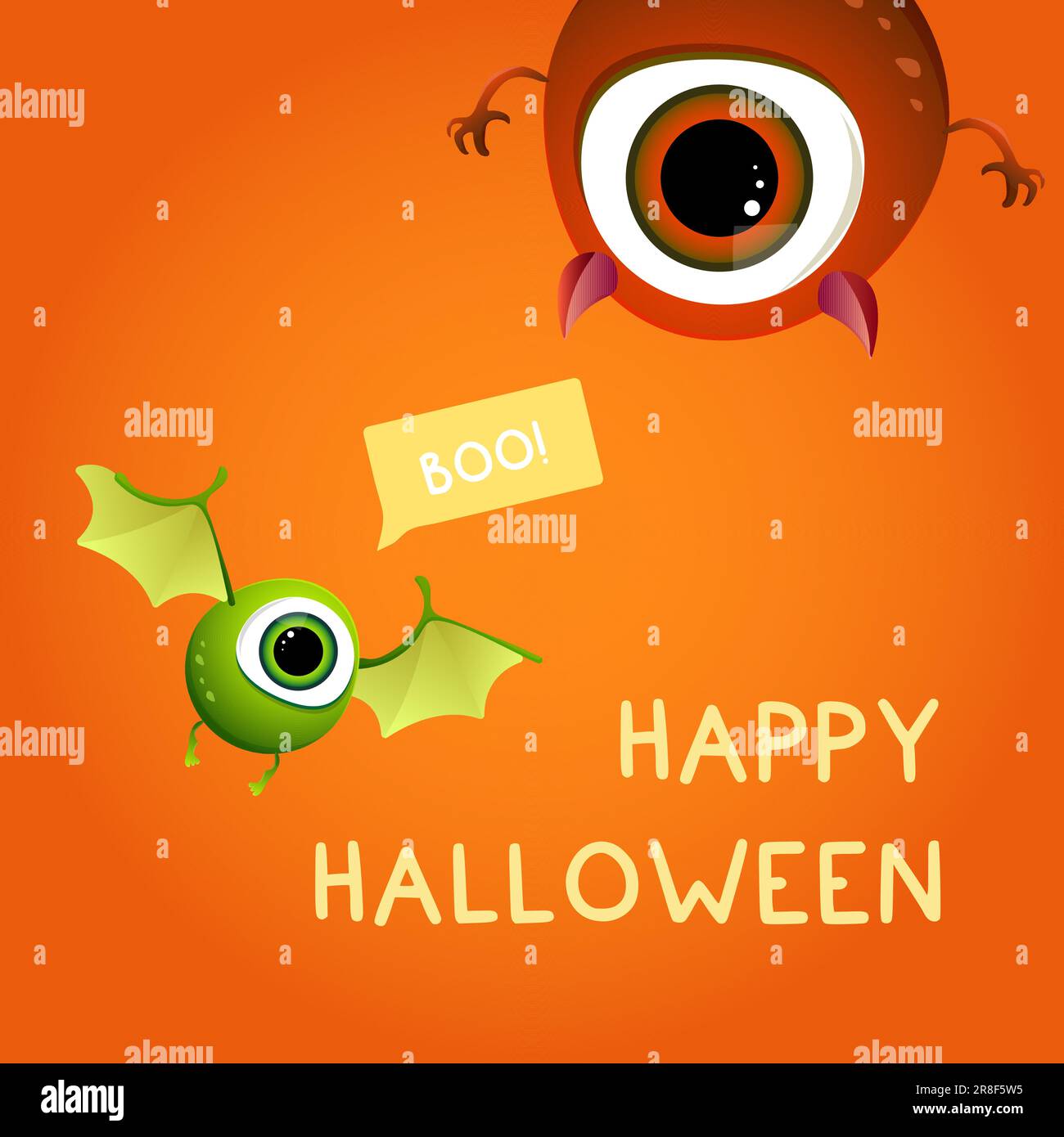 A card with cute happy Halloween monsters. With round, big eyed devil