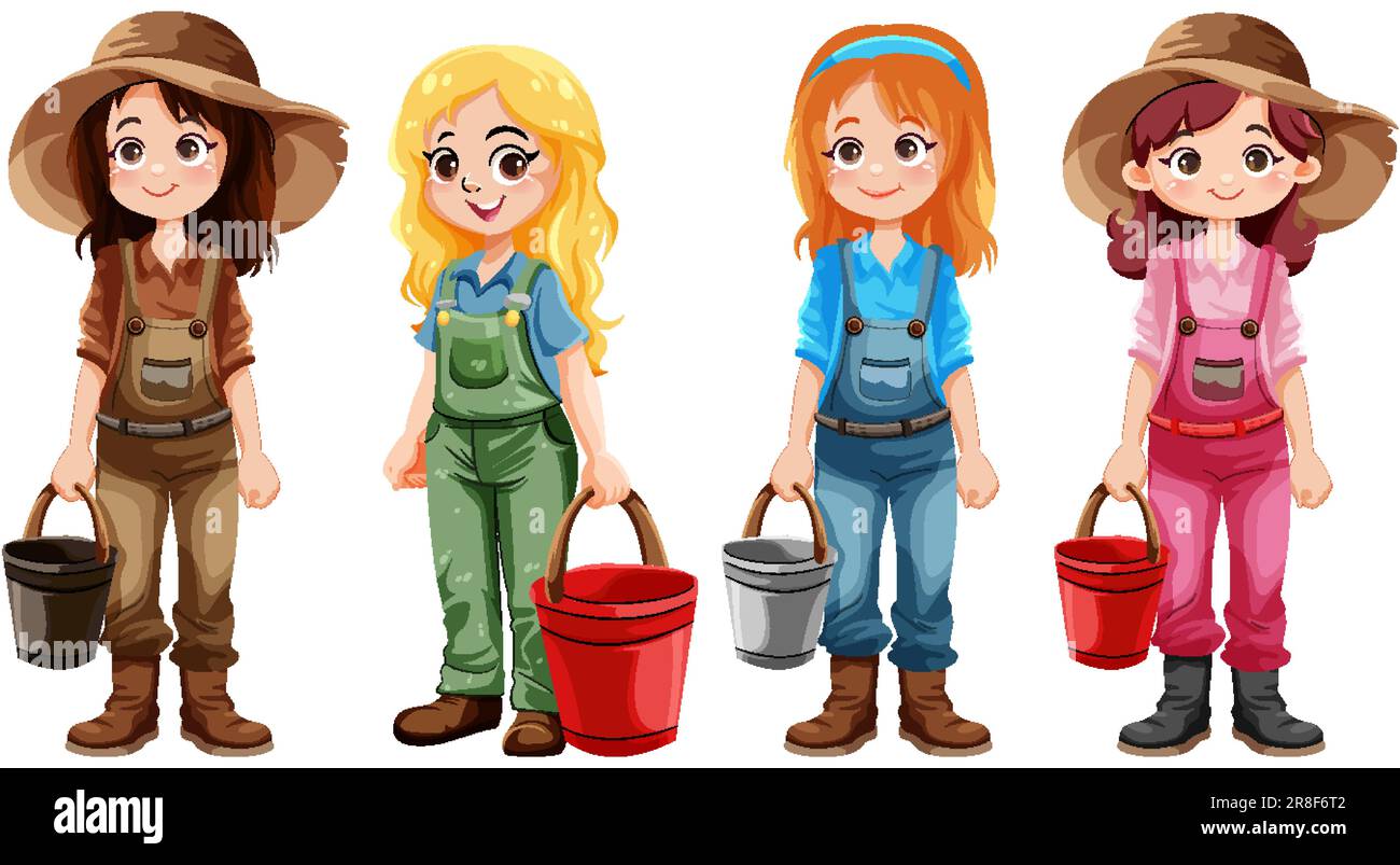 Set of farmer girl cartoon character illustration Stock Vector Image ...