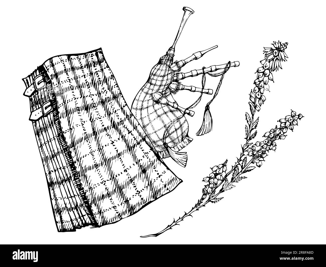 Ink hand drawn vector sketch. Scottish traditional menswear, tartan pattern kilt and bagpipes with heather flower branch. Design for tourism, travel Stock Vector