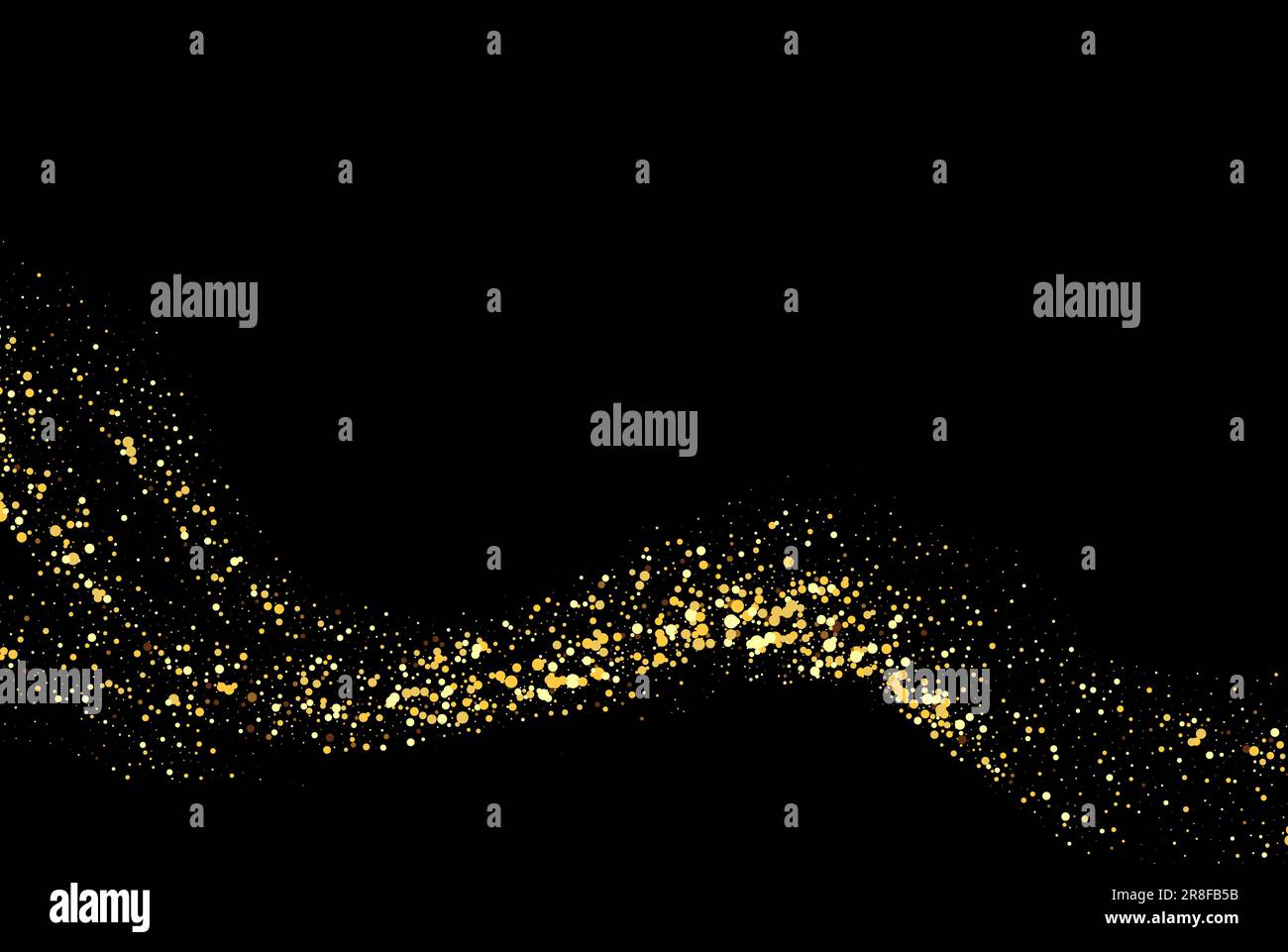 Sparkling wave of confetti. Vector golden sparkling wavy flow on black background. Stock Vector