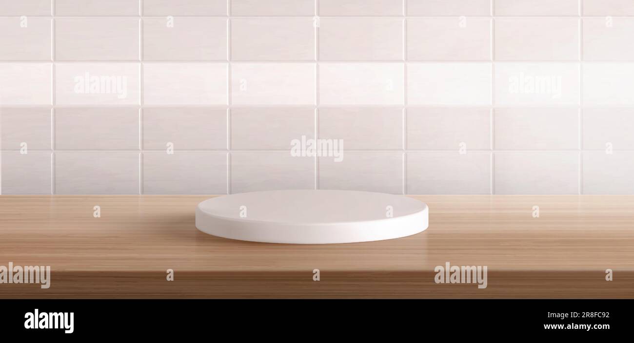 3d background with kitchen podium for display product. Empty white platform on wooden table. Presentation stage with kitchen counter, circle stand and tile wall, vector realistic illustration Stock Vector