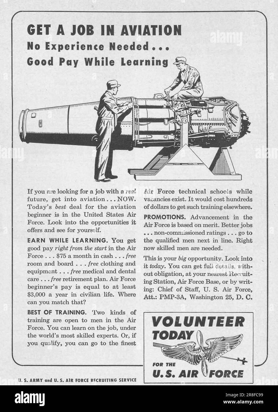 Volunteer today for the U.S. Air force - get a job in a vaiation advertisement in a magazine 1949 Stock Photo
