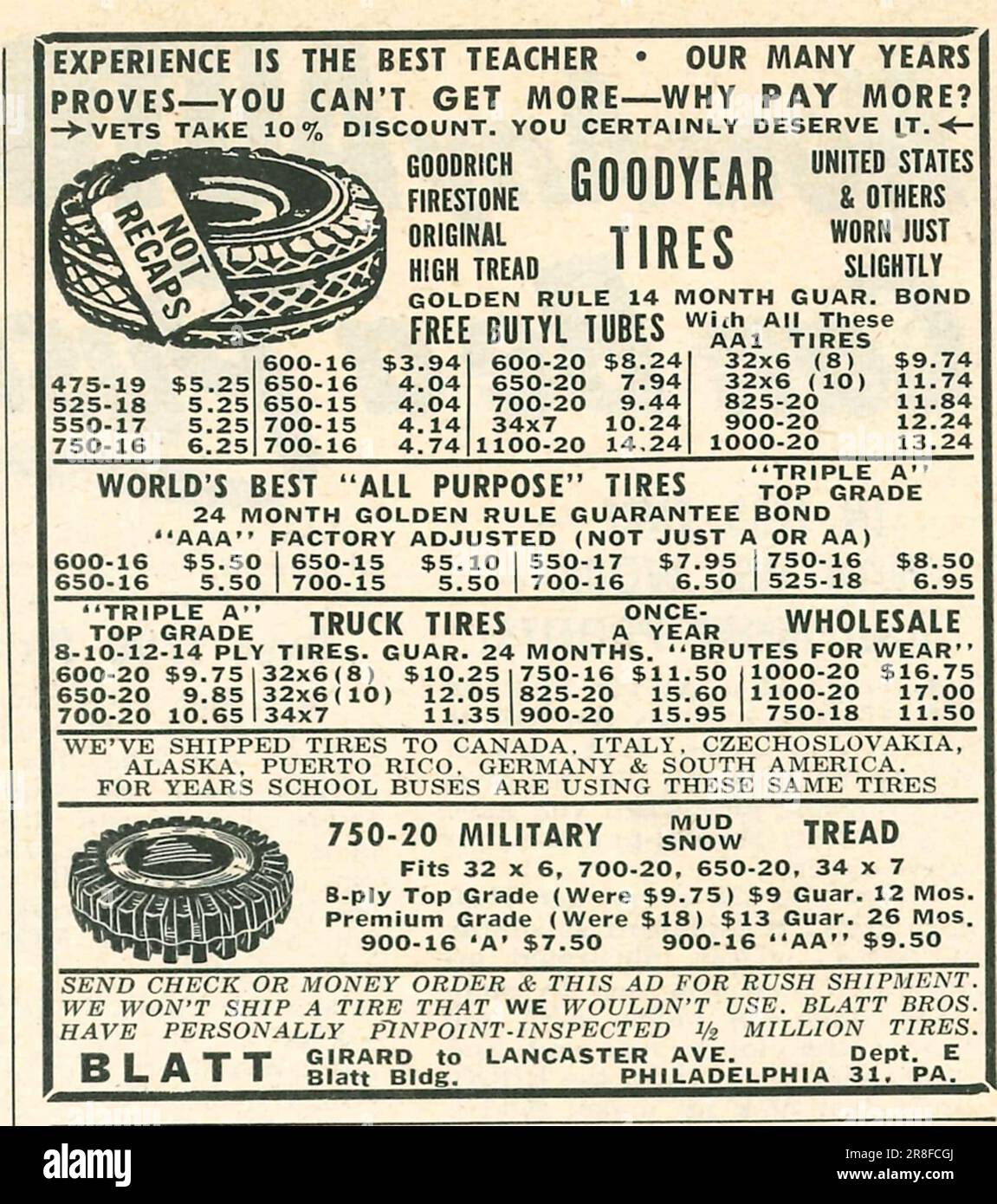 Goodyear tires, 10% off for veterans, truck tires, Blatt company tire seller in Philadelphia advert in a magazine 1949 Stock Photo