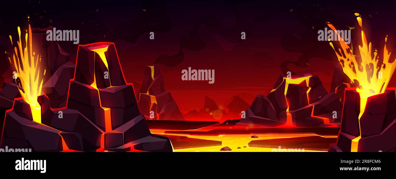 Volcano lava burst cartoon hell vector background. Fantasy hot volcanic