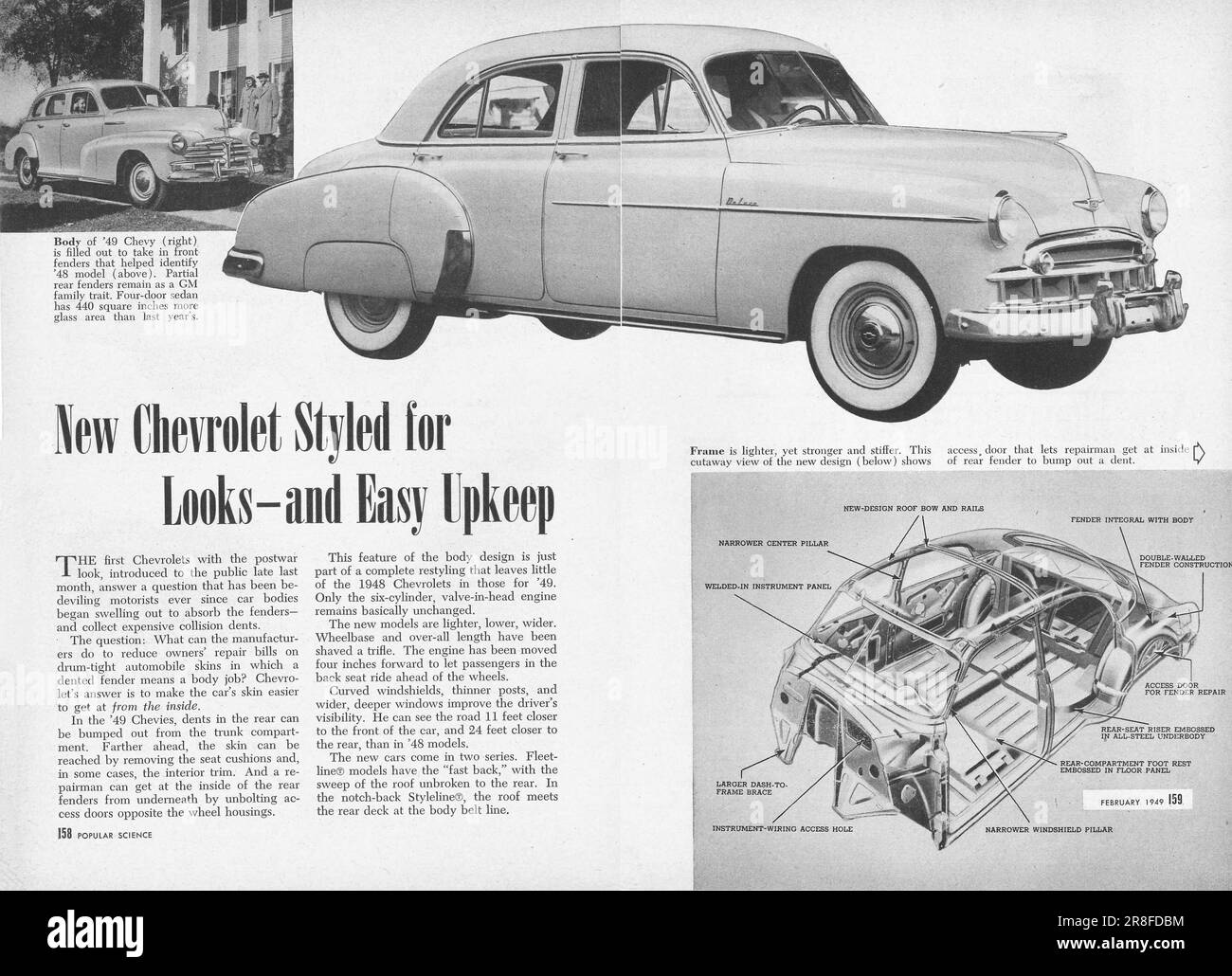 Article on '49 Chevrolet showing the layout, design and the information on the car. Popular Science magazine, USA, February 1949 Stock Photo