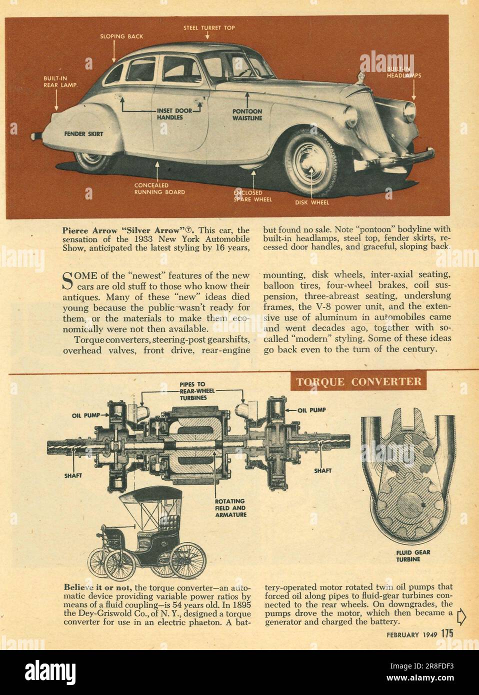 Automobile features article: torque converter' 33 Pierce arrow Silver arrow article Popular Science magazine, USA, February 1949 Stock Photo