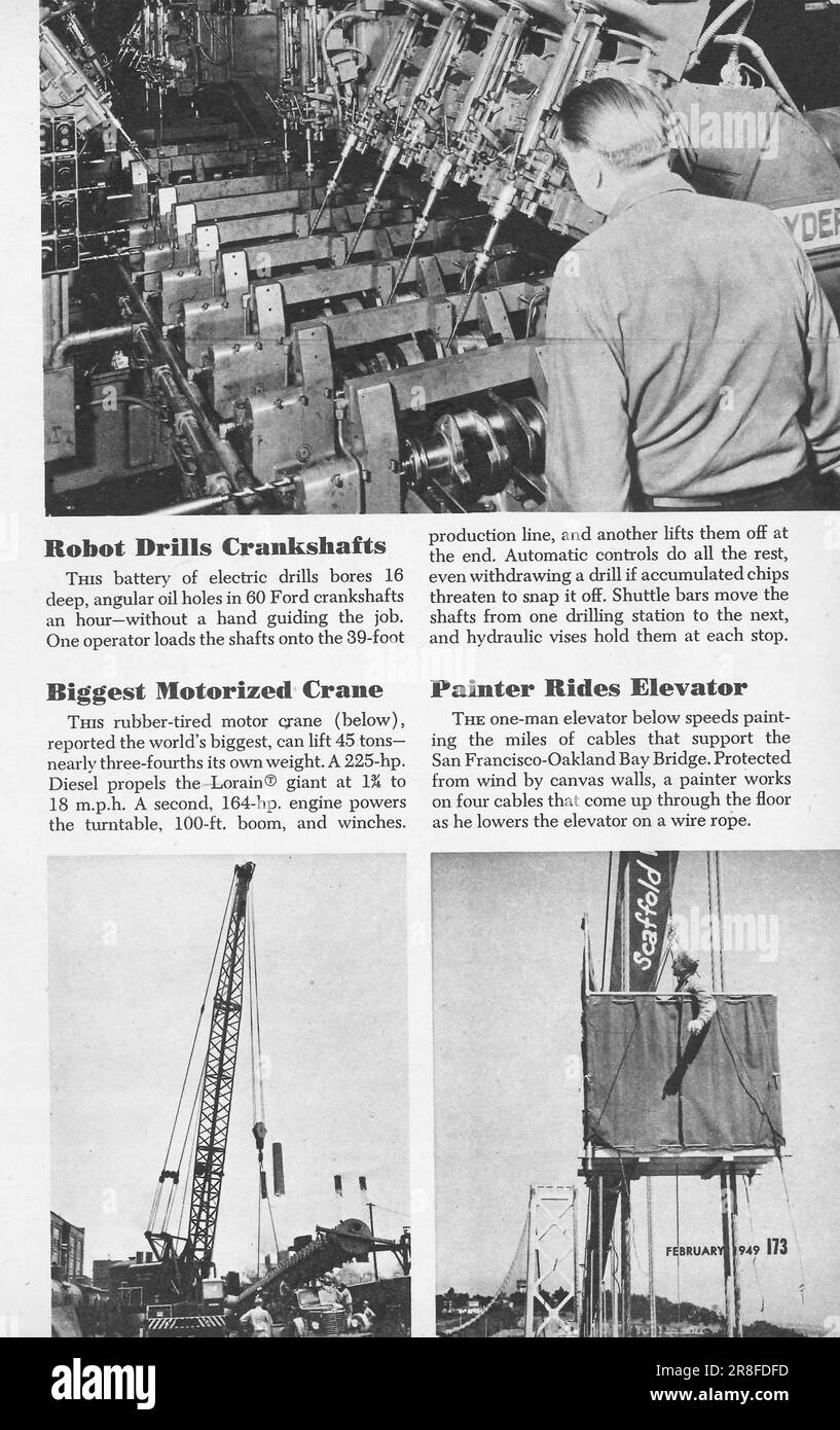 Robot drills crankshafts; Biggest motorized crane; Painter rides elevator - innovations articles in Popular Science magazine, USA, February 1949 Stock Photo