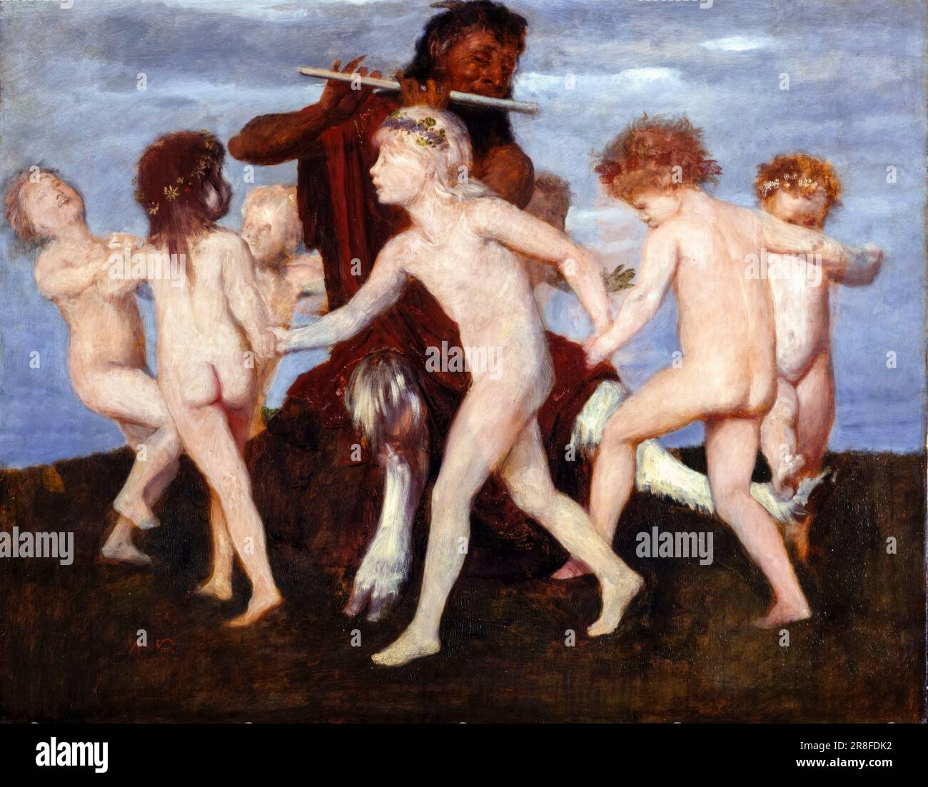 Arnold Böcklin, Pan Dancing with Children, painting in mixed media, circa 1884 Stock Photo