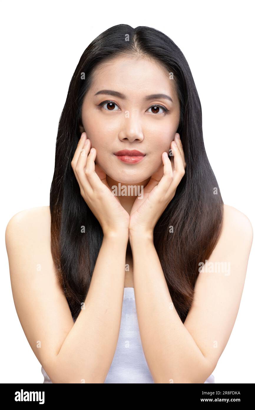 Portrait of an Asian beautiful woman with long hair isolated over white ...