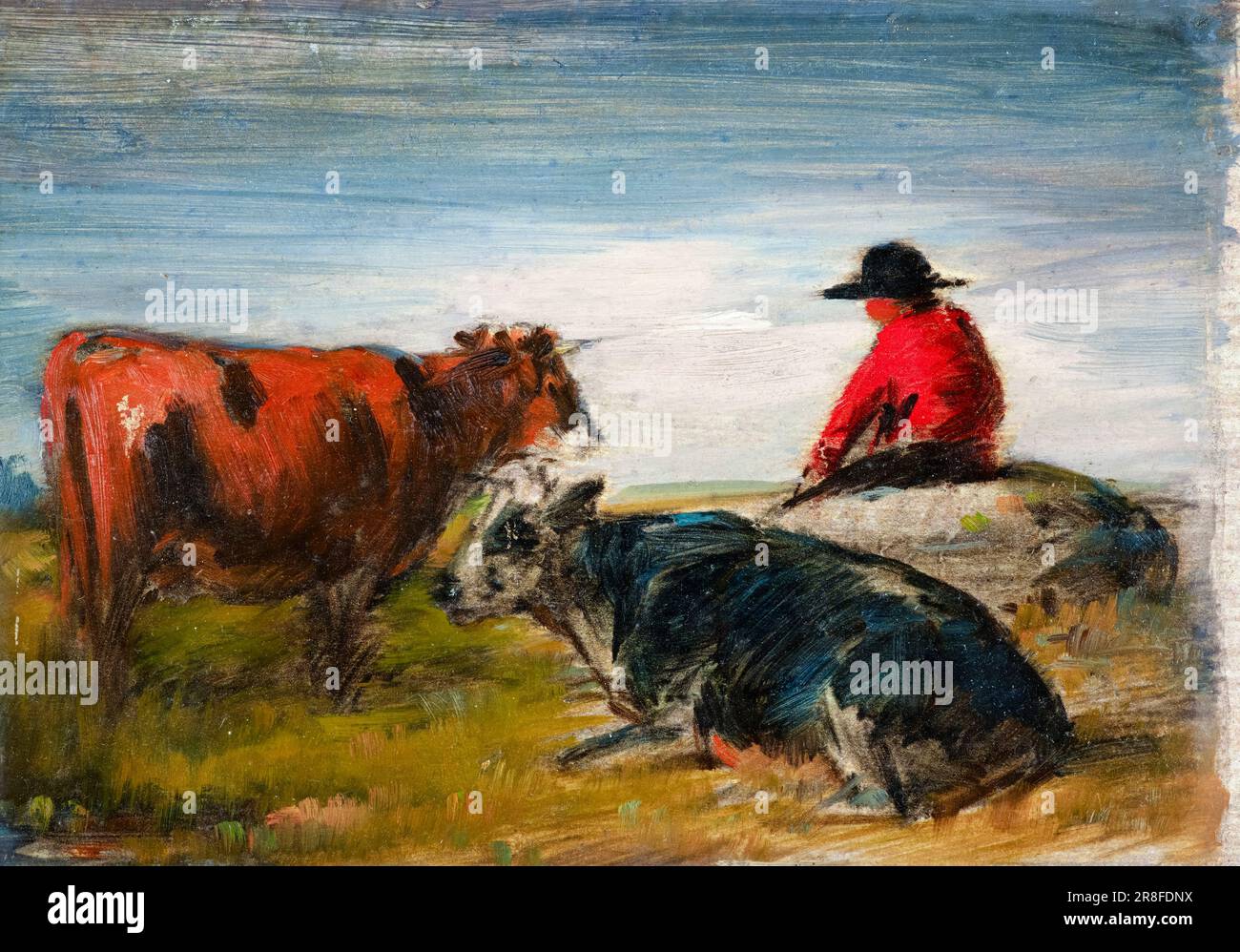 Wilhelm Busch, Shepherd with cows, painting in oil on cardboard, circa 1885 Stock Photo