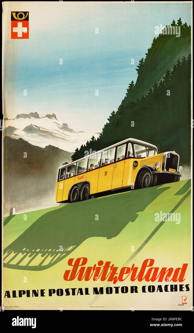 Vintage Travel Poster promoting tourism  Switzerland. Alpine postal motor coaches Stock Photo