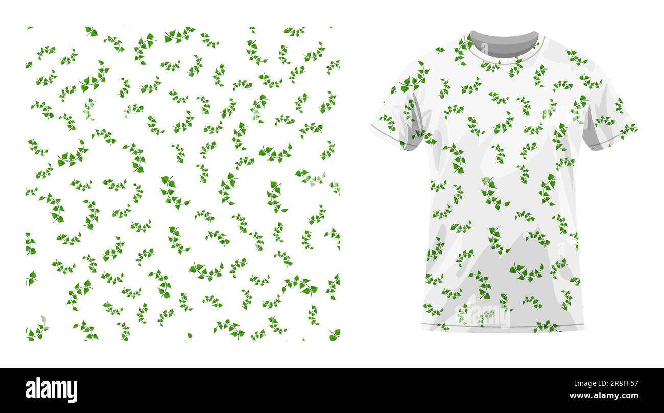 Short sleeved cotton sports t shirt decorated thin birch twigs and green leaves seamless pattern. Floral ornament. Comfortable summer clothes. Vector Stock Vector