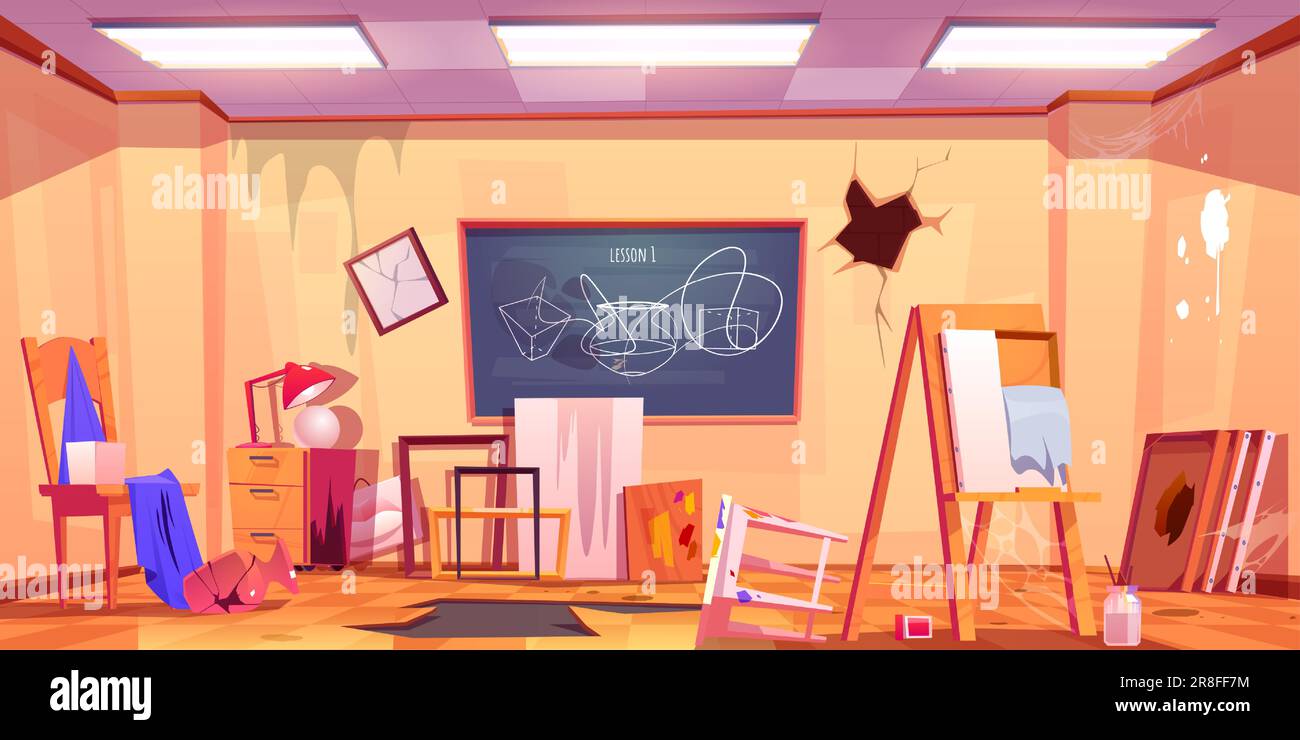 Abandoned messy art classroom studio with crack wall. Messy and dirty