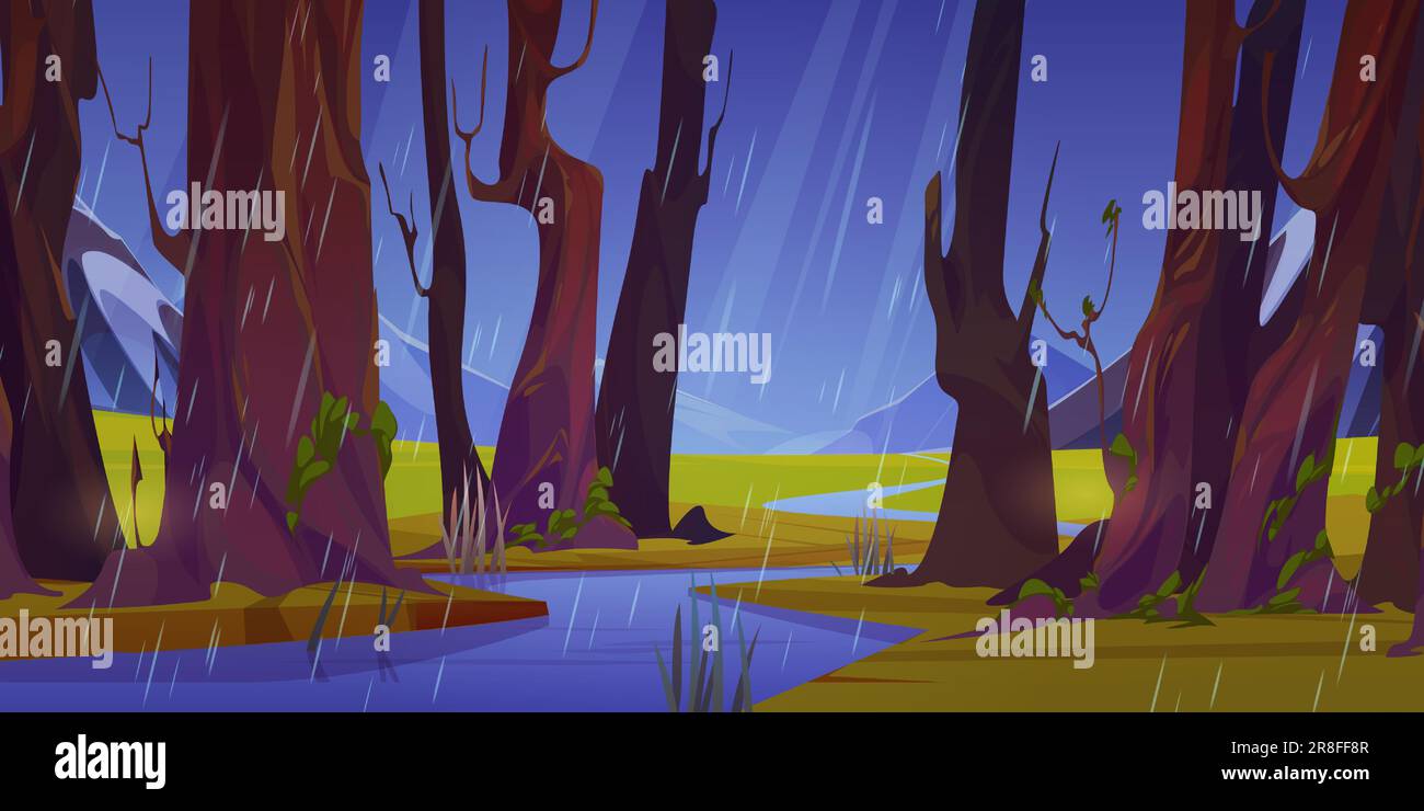 Mountain river flowing in forest. Vector cartoon illustration of rainy spring weather, green summer landscape with wet trees, stormy blue sky, stream or brook in valley, beautiful nature Stock Vector