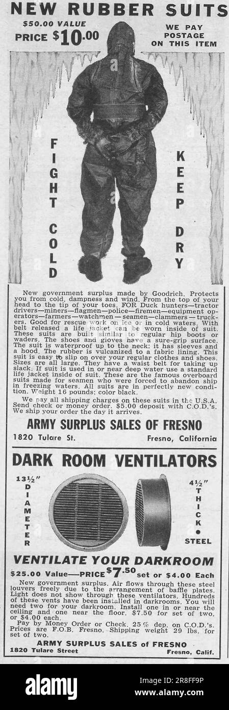 New rubber suits - army surplus sales of Fresno California advert, dark room ventilators ad magazine 1949 Stock Photo