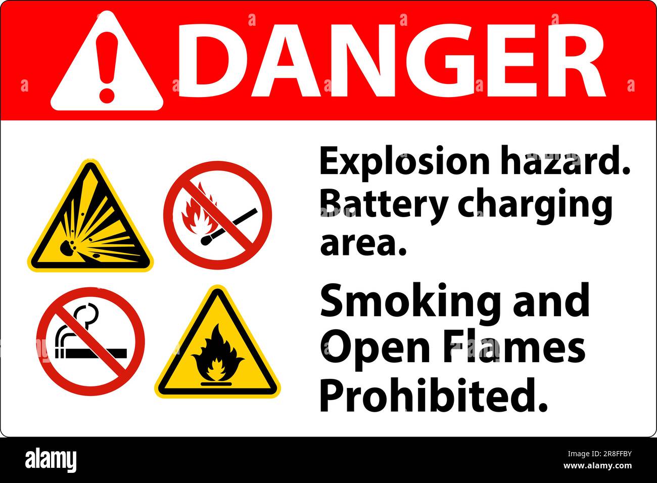 Danger Sign Explosion Hazard, Battery Charging Area, Smoking And Open Flames Prohibited Stock