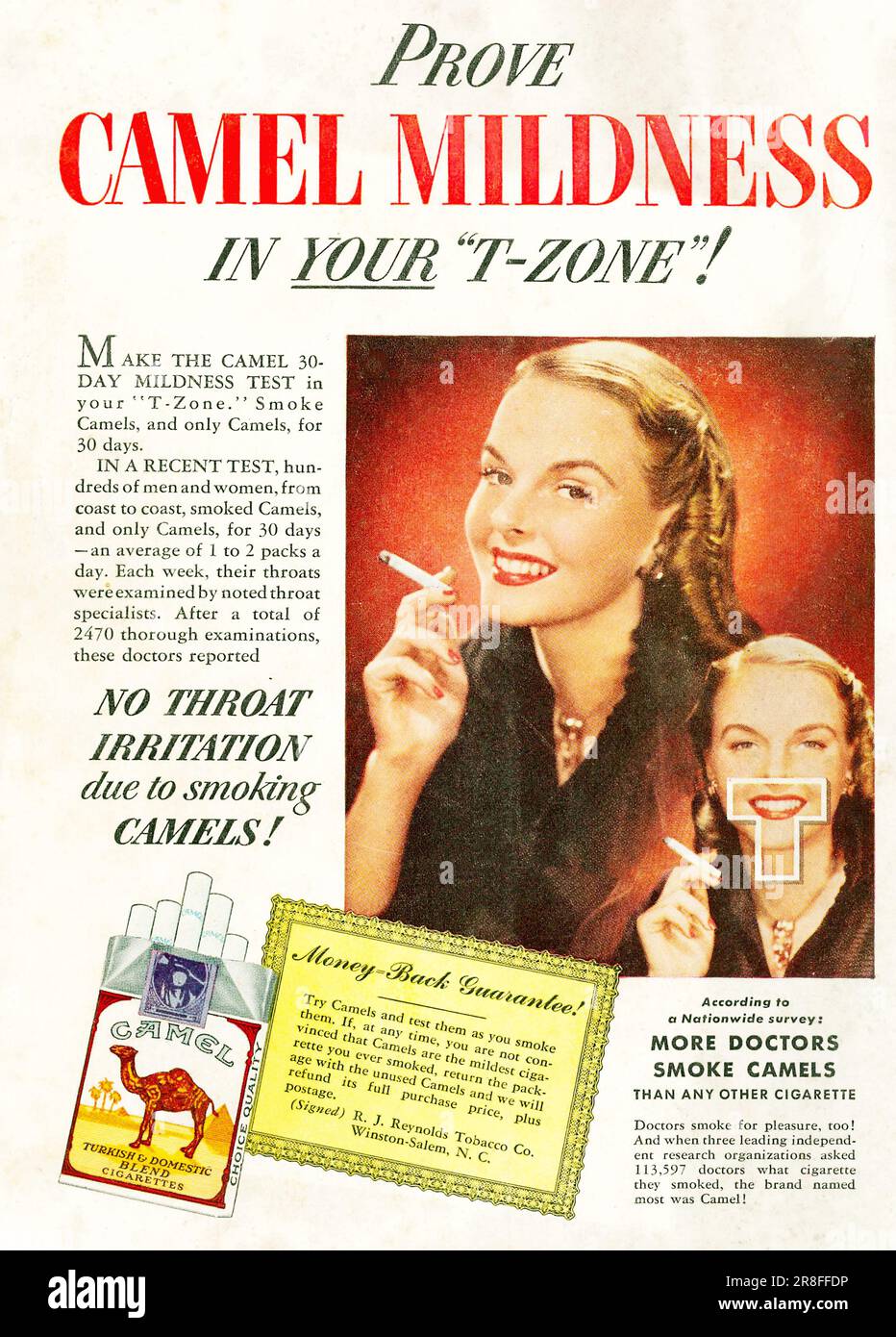 Camel advert. Camel mildness in your T-Zone. No throat irritation due to smoking camels. More doctors smoke camelas. Woman smoking Camel advert 1949 Stock Photo