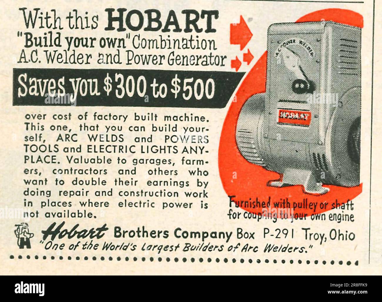Hobart Arc Welds and Power generator tools advert in a nagazine 1949