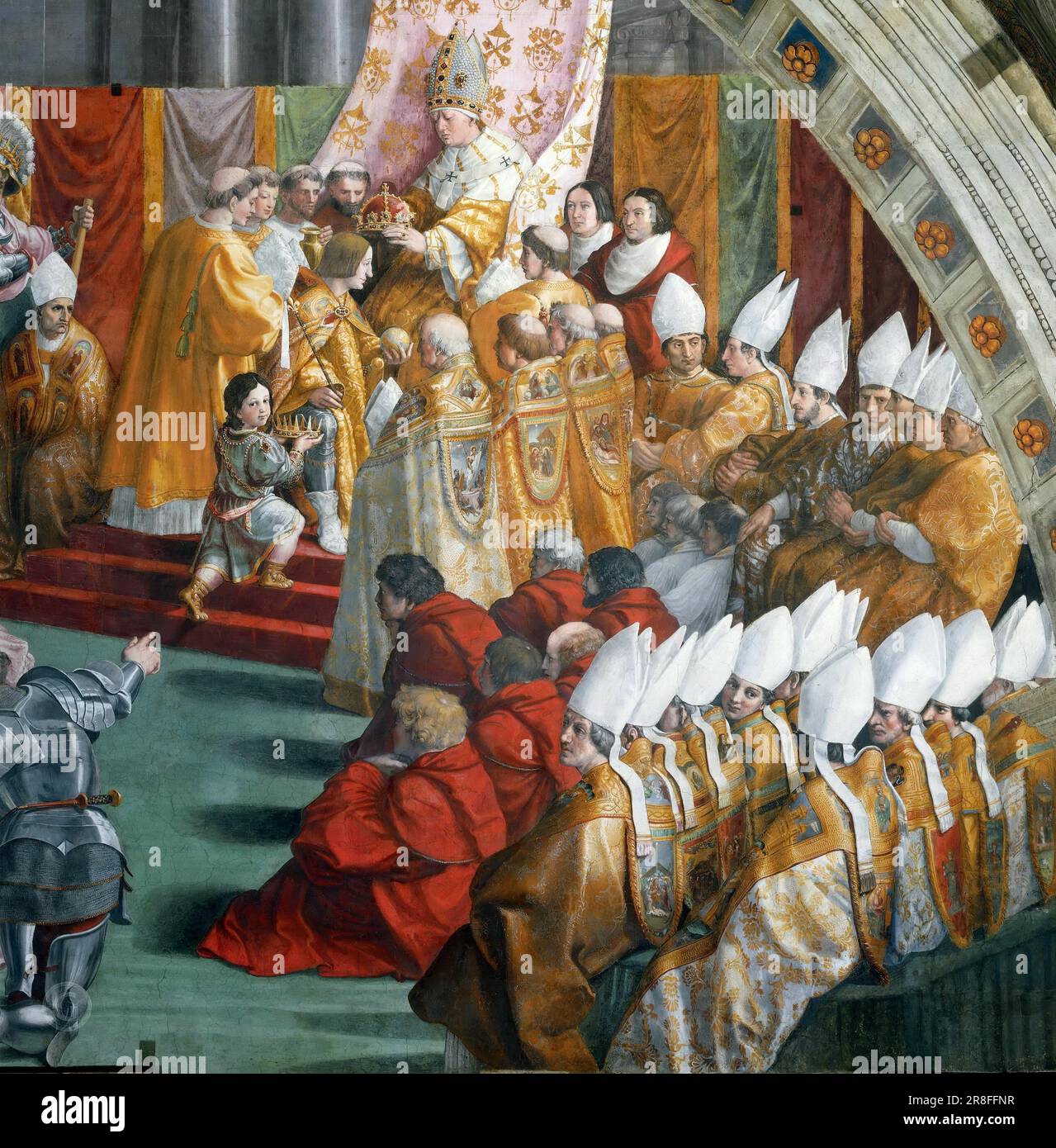 The Coronation of Charlemagne  1516-17 Fresco, width at the base 670 cm Stanza dell'Incendio di Borgo, Palazzi Pontifici, Vatican Stock Photo