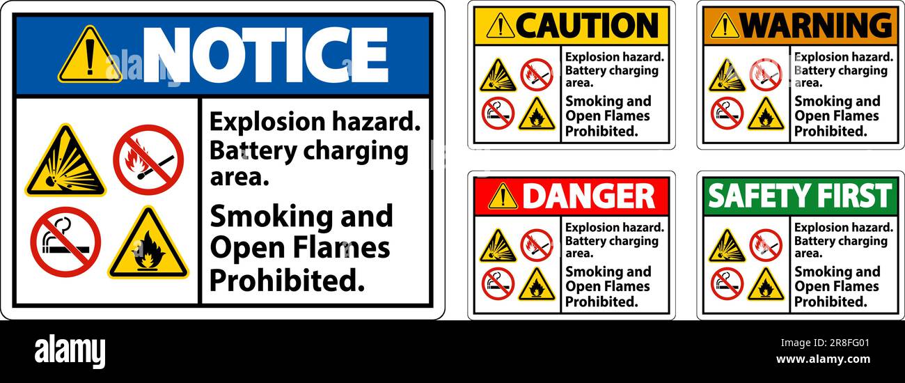 Danger Sign Explosion Hazard, Battery Charging Area, Smoking And Open Flames Prohibited Stock