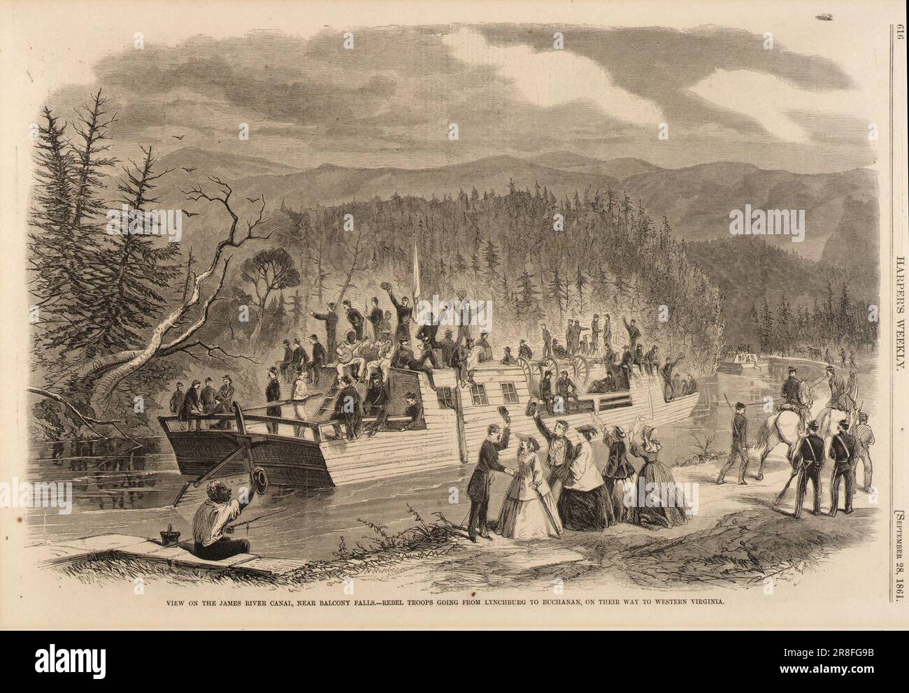 View on the James River Canal, near Balcony Falls. -Rebel Troops Going from Lynchburg to Buchanan, on Their Way to Western Virginia, from Harper's Weekly, September 28, 1861 1861 by Unidentified Stock Photo